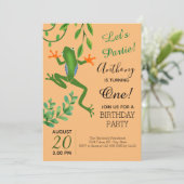 カエルパーティー1歳の誕生日オレンジ色に変える 招待状 (スタンド正面)