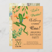 カエルパーティー1歳の誕生日オレンジ色に変える 招待状 (正面/裏面)