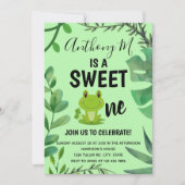 カエルパーティー1歳の誕生日フロギーテーマグリーン 招待状 (正面)