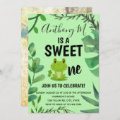 カエルパーティー1歳の誕生日フロギーテーマグリーン 招待状 (正面/裏面)