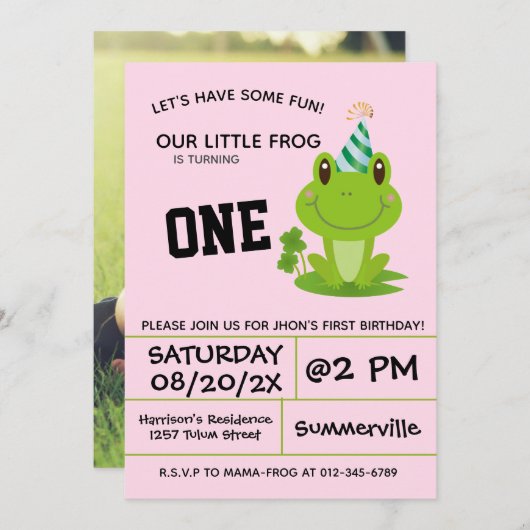カエルパーティー1stバースデーピンク 招待状 (正面/裏面)