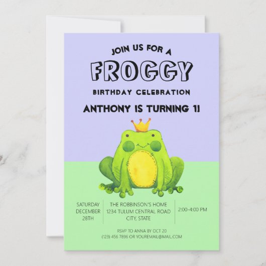 カエルベビー1stバースデーグリーンパーソナライズされた紙吹雪 招待状 (正面)