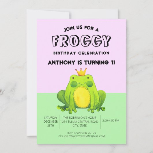 カエルベビー1stバースデーグリーンパーソナライズされた紙吹雪 招待状 (正面)