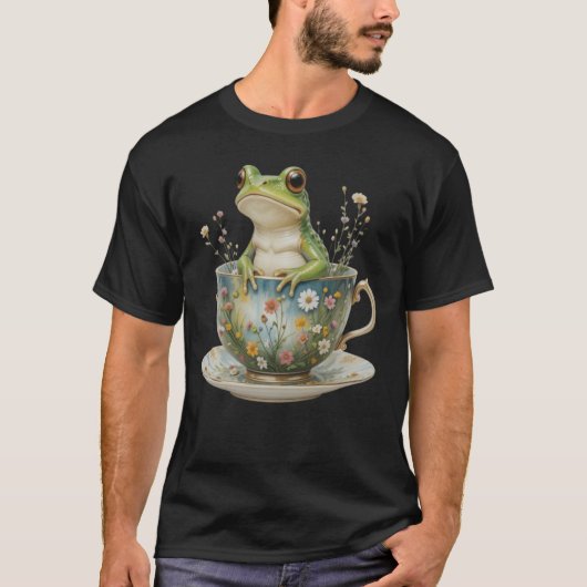 カエルヴィンテージティーカップフローラ花両生類カエル Tシャツ (正面)