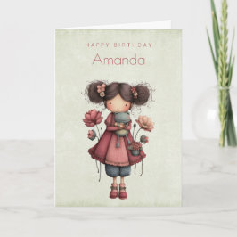 カエル人形を持つ女の子 かわいいファンタジーな誕生日 カード