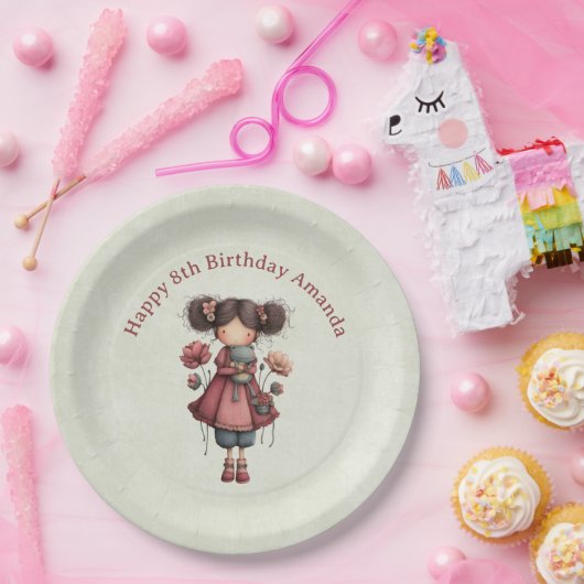カエル人形を持つ女の子 かわいいファンタジーな誕生日 ペーパープレート (パーティー)