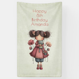 カエル人形を持つ女の子 かわいいファンタジーな誕生日 横断幕