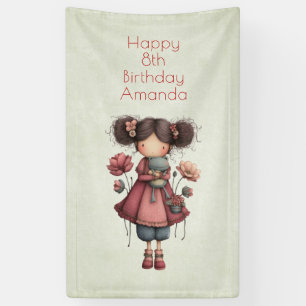 カエル人形を持つ女の子 かわいいファンタジーな誕生日 横断幕