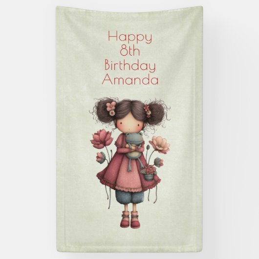 カエル人形を持つ女の子 かわいいファンタジーな誕生日 横断幕 (縦)