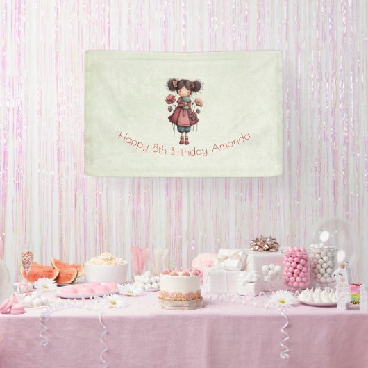 カエル人形を持つ女の子 かわいいファンタジーな誕生日 横断幕 (パーティー)