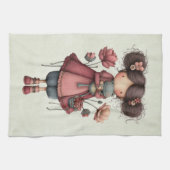 カエル人形を持つ少女 かわいいファンタジー キッチンタオル (横)