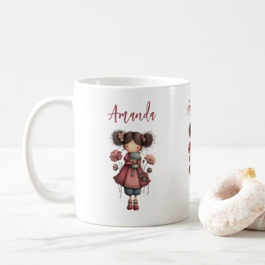 カエル人形を持つ少女 かわいいファンタジー コーヒーマグカップ (ドーナツ)