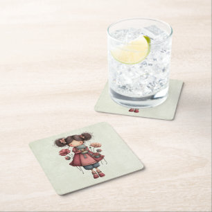 カエル人形を持つ少女 かわいいファンタジー スクエアペーパーコースター