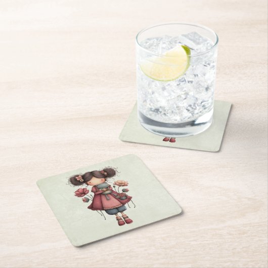 カエル人形を持つ少女 かわいいファンタジー スクエアペーパーコースター (インサイチュ)