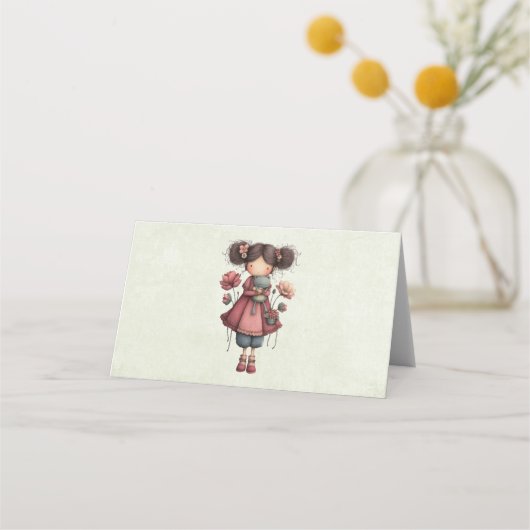 カエル人形を持つ少女 かわいいファンタジー プレイスカード (正面)