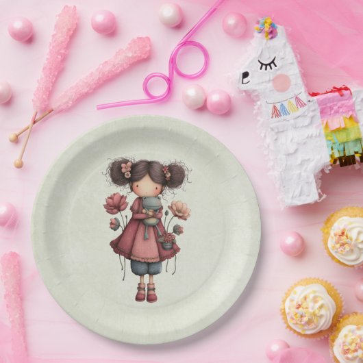 カエル人形を持つ少女 かわいいファンタジー ペーパープレート (パーティー)