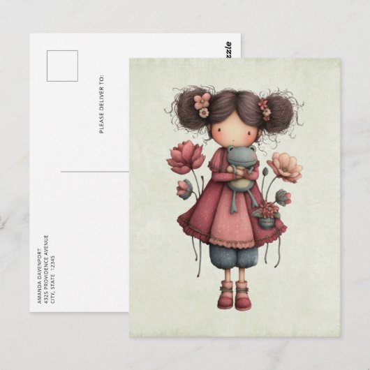 カエル人形を持つ少女 かわいいファンタジー ポストカード (正面/裏面)