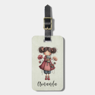 カエル人形を持つ少女 かわいいファンタジー ラゲッジタグ