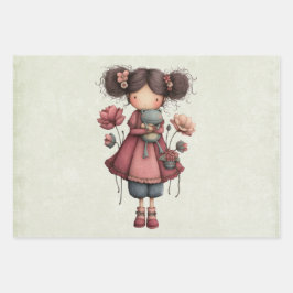 カエル人形を持つ少女 かわいいファンタジー ラッピングペーパーシート