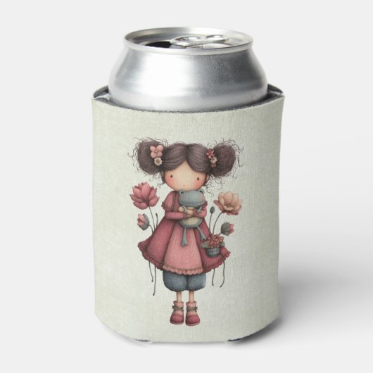 カエル人形を持つ少女 かわいいファンタジー 缶クーラー (缶正面)