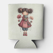 カエル人形を持つ少女 かわいいファンタジー 缶クーラー (正面)