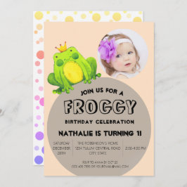 カエル写真誕生日ピンク1位パーティーかわいい水玉模様 招待状