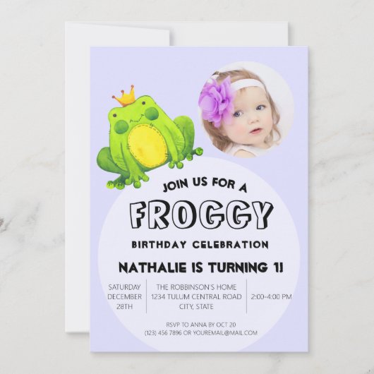 カエル写真誕生日ピンク1位パーティーかわいい水玉模様 招待状 (正面)
