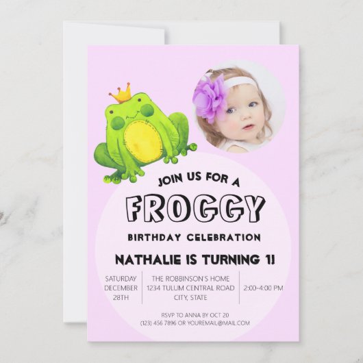 カエル写真誕生日ピンク1位パーティーかわいい水玉模様 招待状 (正面)