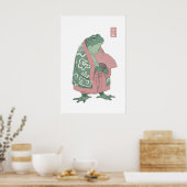 カエル壁画プリント、着物と扇子のイラスト ポスター (キッチン)