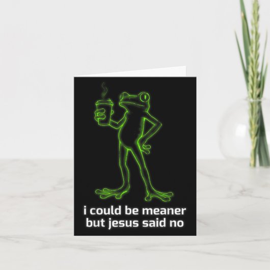 カエル好きなコーヒー中毒者のイラスト入りキリスト風刺Tシャツ カード (正面)