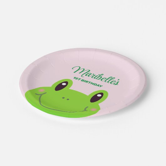 カエル子供の誕生日パーティーかわいいピンク ペーパープレート (アングル)