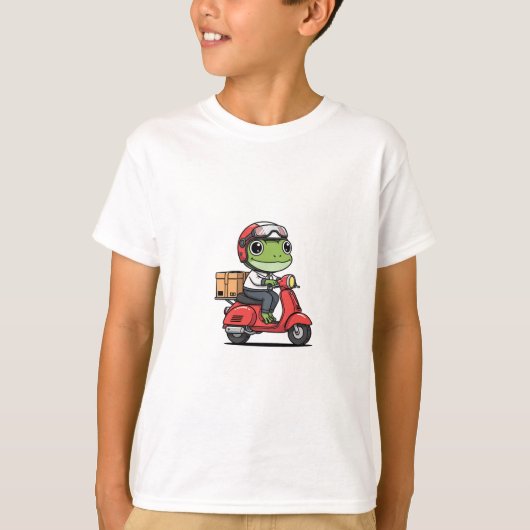カエル宅配ライダースクーター赤いヘルメット子供 Tシャツ (正面)