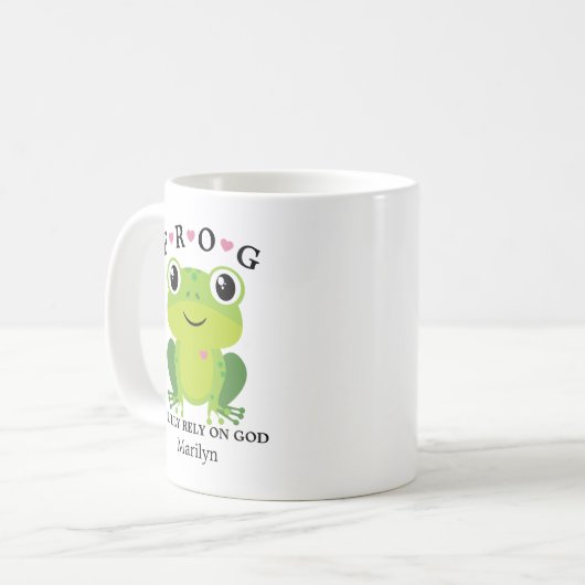 カエル完全に神に頼るピンクのハートコーヒーマグ コーヒーマグカップ (正面左)