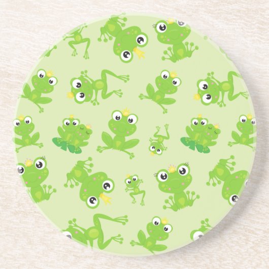 カエル柄、かわいいカエル、グリーンカエル、カエルの王子 コースター (正面)