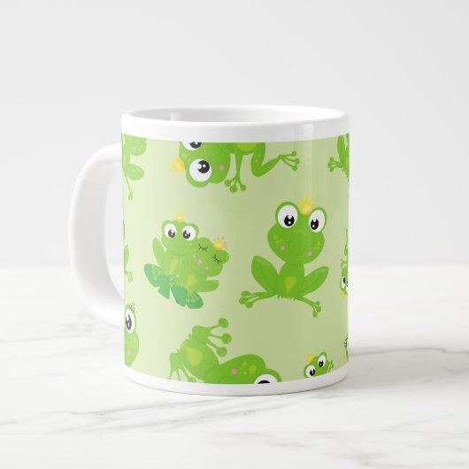 カエル柄、かわいいカエル、グリーンカエル、カエルの王子 ジャンボコーヒーマグカップ (正面左)