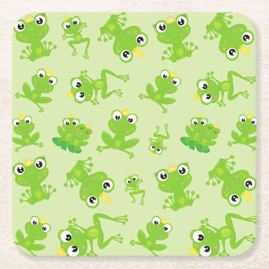 カエル柄、かわいいカエル、グリーンカエル、カエルの王子 スクエアペーパーコースター (正面)