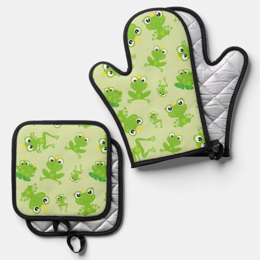 カエル柄、かわいいカエル、グリーンカエル、カエルの王子 鍋つかみ&鍋敷きセット (正面/裏面)