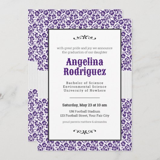 カエル紫フローラダマスク写真卒業 招待状 (正面/裏面)