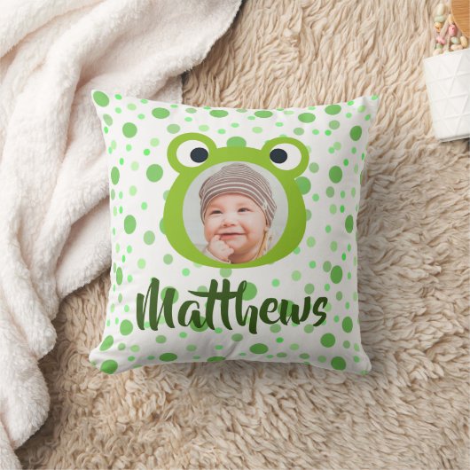 カエル緑のドット子供の名前フォト装飾用クッション クッション (ブランケット)
