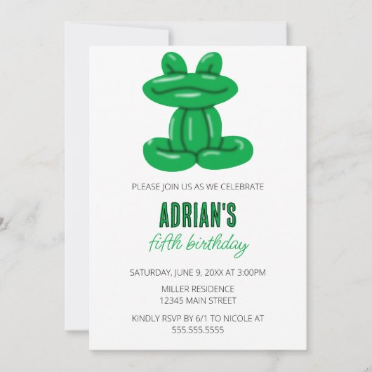 カエル風船動物の誕生日パーティー 招待状 (正面)