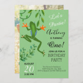 カエル1歳の誕生日パーティーが招待を1回回している 招待状 (正面/裏面)