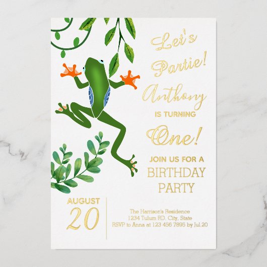 カエル1歳の誕生日パーティーが1枚の写真を撮っている 箔招待状 (正面)