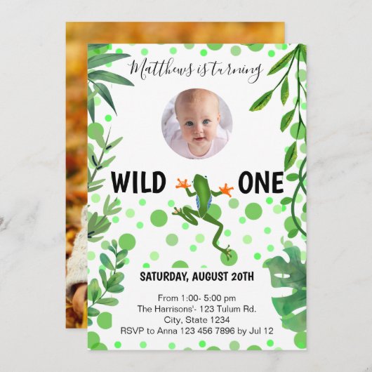 カエル1歳の誕生日パーティーグリーン可愛いモダンヒキガエル 招待状 (正面/裏面)