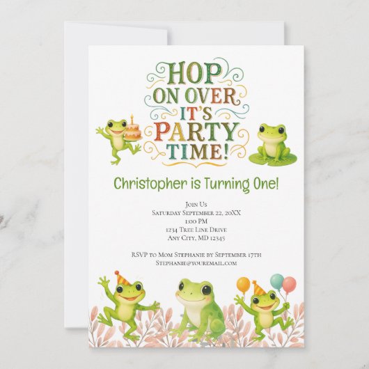 カエル1st第1誕生日かわいいトレンディー 招待状 (正面)