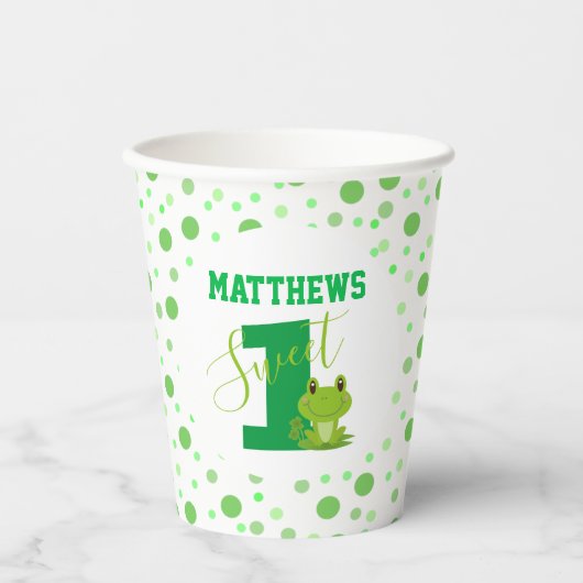 カエル1st誕生日パーティーグリーンドットカワイトカード 紙コップ (正面)