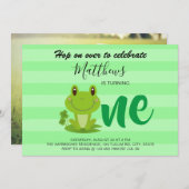カエル1st誕生日パーティーストライプ招待状 招待状 (正面/裏面)