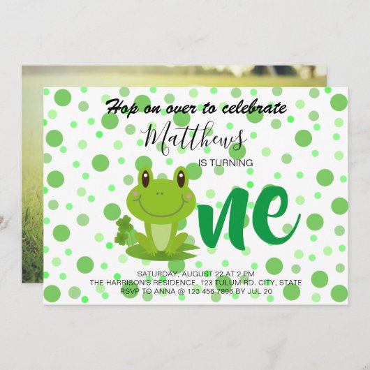 カエル1st誕生日パーティードット招待状 招待状 (正面/裏面)