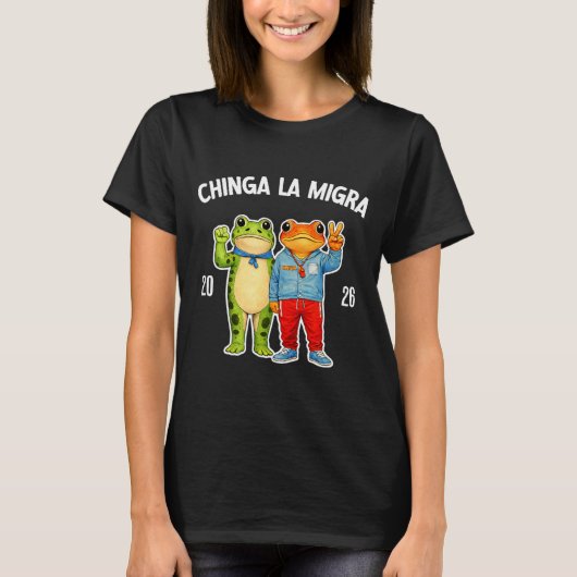カエル おもしろ グラフィック デザイン Chinga la migra Tシャツ (正面)