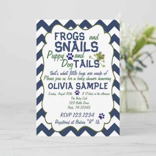 カエル、かたつむりおよび子犬のベビーシャワーの招待状 招待状 (スタンド正面)