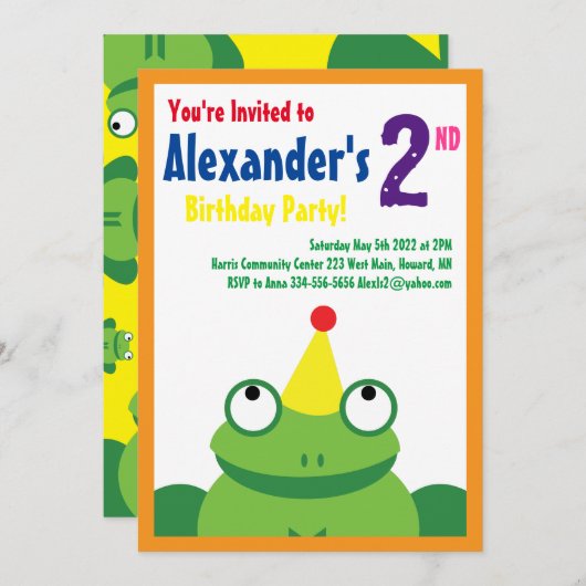 カエル・アニマル・キッドバースデーパーティ招待状 招待状 (正面/裏面)